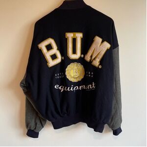 Vintage‎ B.U.M. Equipment Wool Varsity Jacket Letterman Navy Gray Sleeves Size M